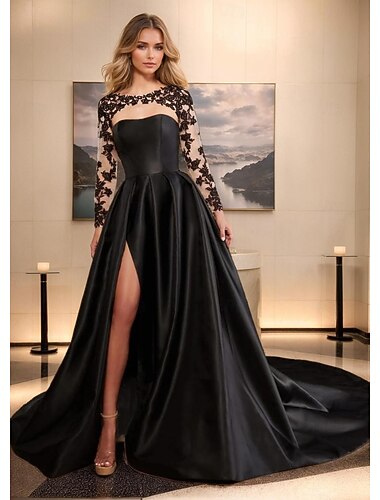  Ballkleid A-Linie Kapellenschleppe Abiballkleider Abendkleid Ballkleid Festliche Kleidung Elegant Promi-Stil Ärmellos Schulterfrei Gartenparty Hochzeit Spitze Stretch Satin mit Schlitz