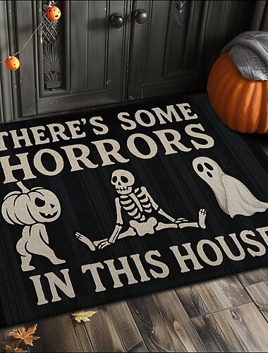  Χαλί κουζίνας εσωτερικού χώρου για το Halloween με αστεία φράση "υπάρχουν κάποιες φρικαλεότητες σε αυτό το σπίτι", αντιολισθητικό χαλάκι μπροστινής πόρτας για βεράντα, είσοδο, αίθριο, υπνοδωμάτιο, μπάνιο και διακόσμηση σπιτιού για το Halloween του 2025