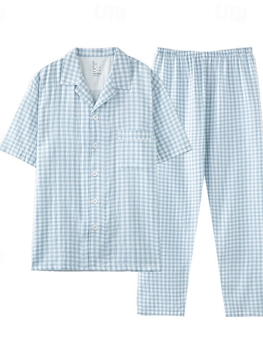  Herr Sovkläder Pyjamas set Pyjamastopp och byxa 1set Rutig Mode Stylish Klassisk Hem Dagligen Säng Bomull Komfort Mjuk Andningsfunktion Kavajslag Kortärmad Skjorta Byxa Elastisk midja Knappar Sommar