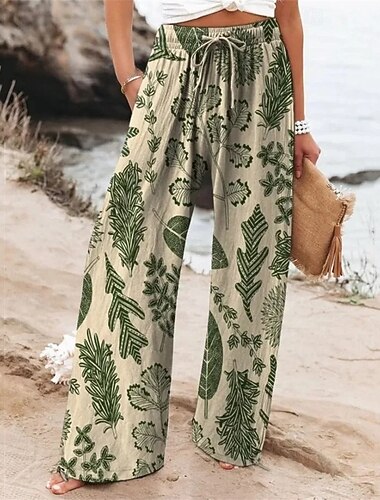  Dames Breed Been Broeken Palazzo-broek Modieus Boho Volledige lengte Hoge taille Planten Elastische taille Trekkoord Afdrukken Ademend Comfortabel Straat Alledaagse kleding Uitgaan Groen Lente Herfst