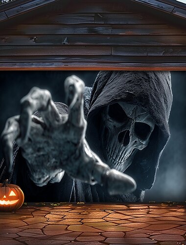  Κάλυμμα Εξωτερικής Γκαραζόπορτας Halloween Θάνατος Θεός Κρανία Πανό Μεγάλη Ταπισερί Φόντο Διακόσμηση για Γιορτές Εξωτερικής Γκαραζόπορτας Διακοσμήσεις Τοίχου Σπιτιού