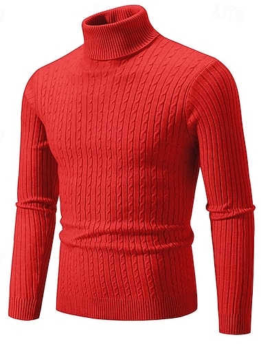  Herren Pullover Strickpullover Gerippt Stricken Normale Oberteile Gestrickt Einfach Rollkragen Mode Basic Urlaub Alltagskleidung Bekleidung Herbst Winter Wein Schwarz S M L