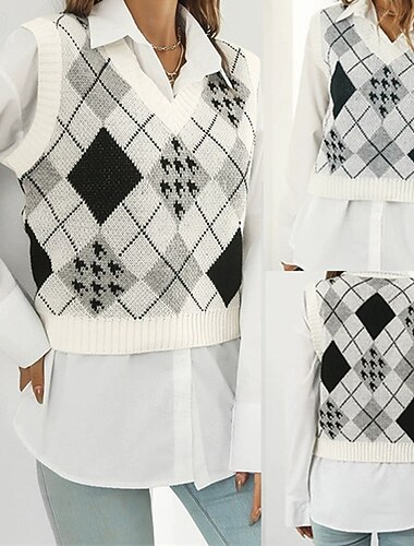  Per donna Maglione Casual Rombi Spesso Scollo a V Lavorato a maglia Senza Maniche Top Regolari Maglia Quotidiano Ferie Uscire Bianco Autunno Inverno