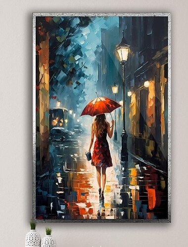  Garota na cidade chuvosa, tela pintada à mão, garota na rua com guarda-chuva, chuva, decoração abstrata, parede de rua, garota na cidade de Nova York, quarto de meninas, arte de parede, decoração de