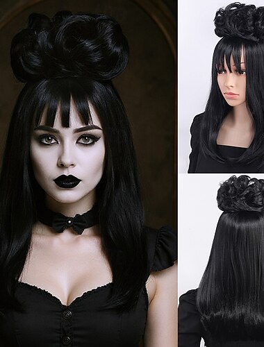  Beetlejuice Lydia cosplay-parykk – delt parykk, mikrokrøller, perfekt for halloween, cosplay og temafester