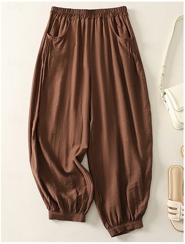  Mujer Chinos Pantalones Harem Vintage Estilo Étnico Básico Hasta el Tobillo Alta cintura Plano Bolsillo Correa Comodidad Al Aire Libre Elástico Vacaciones Calle Diario Negro Beige Café Verano