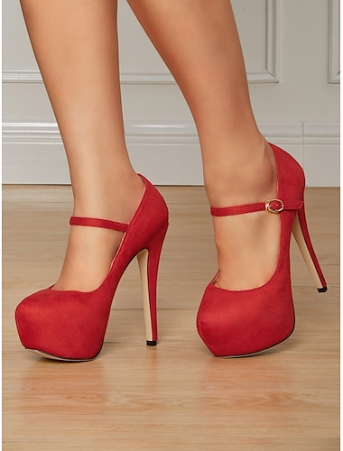  Sapatos de salto alto Mary Jane femininos de camurça vermelha e plataforma - Sapatos de salto agulha estilo glam dos anos 80 para mulheres, ideais para festas, boates e eventos especiais