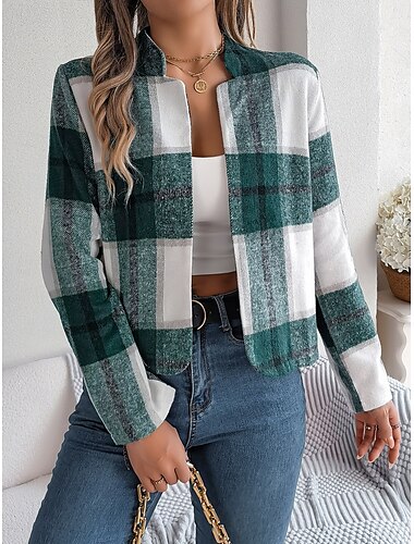  Femmes Veste Décontractée Confortable Respirant Imprimé Occasionnel Plaid Vacances Rue Tenue quotidienne Sortir Ouvert devant Court Col montant Coupe régulière manche longue Vêtements d'extérieur