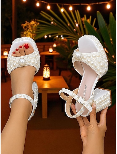  Weiße, mit Perlen verzierte Plateau-Sandalen mit Blockabsatz und Knöchelriemen für Damen – elegante Hochzeits- und Partyschuhe für Damen