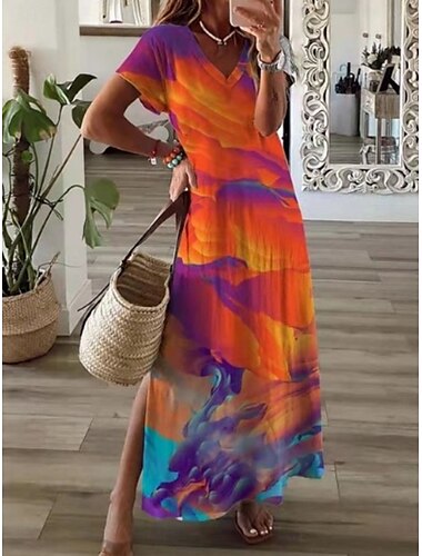  Damen Maxikleid A Linie Kleid Sommerkleid Lässig Täglich Normale Passform Blumen Grafik Kurzarm V Ausschnitt Marineblau Orange Grün Sommer