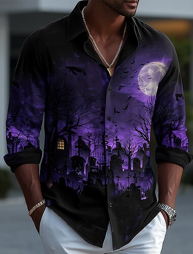 Pánské Netopýr Hřbitov Měsíční svit Košile Košile na knoflíky Ležérní košile Dlouhý rukáv Temný gotický styl Dovolená Streetwear Léto Jaro Přehnutý 3D tisk košile s límečkem Černá