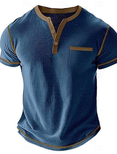  Муж. Вафельная рубашка Henley Футболки С короткими рукавами Сплошной цвет Полотняное плетение Мода Оригинальный рисунок На каждый день Цветовые блоки Пуговицы Хенли на открытом воздухе Повседневные