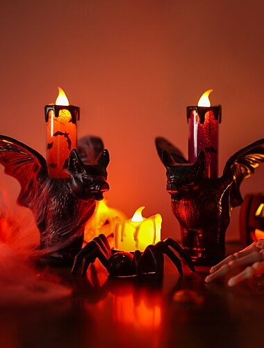  1 vela electrónica LED brillante con forma de murciélago de Halloween, candelabro de simulación, luz decorativa para interiores y exteriores, ambiente de fiesta, luz morada y naranja.