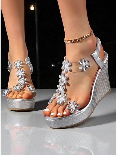  Sandales compensées argentées à strass pour femmes - Talons compensés à fleurs scintillantes avec bride à la cheville pour les soirées, les clubs et les événements en soirée