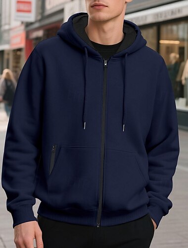  Men's Hoodie Full Zip Hoodie Fleece Hoodie Apricot Black Army Green Navy Blue Light Grey Hooded Plain Pocket Sports & Outdoor Daily Holiday Polyester Streetwear Basic Casual Fall Winter Clothing