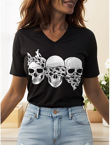 Halloween Mulheres Camiseta Gráfico Caveiras Gato Vintage à moda Clássico Manga Curta Decote V Tops regulares Diário Imprimir Branco e Preto Preto Branco Amarelo Rosa Verão Primavera