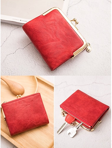  Portefeuille en similicuir rouge pour femme avec fermeture éclair et fermoir à pression, compartiments multi-cartes, design vintage élégant pour un usage quotidien, le shopping et les sorties décontractées