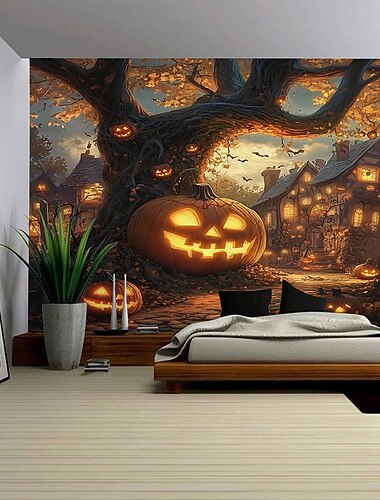  Halloween Jack O Laterne Kürbis Wandteppich Wanddekoration große Wandteppich Wandbild Dekor Fotografie Hintergrund Decke Vorhang Haus Schlafzimmer Wohnzimmer gruselige Stadt Herrenhaus Halloween