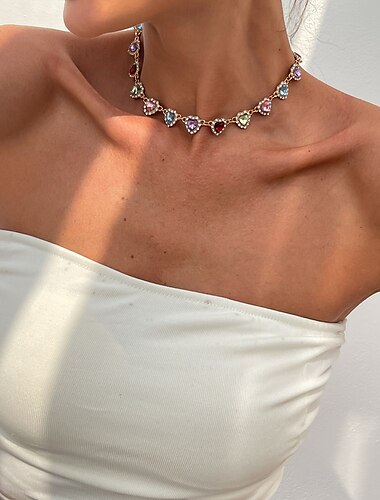  Women's Colorful Heart Crystal Choker Necklace - Cute Y2K Style Jewelry for Girls and Party Outfits