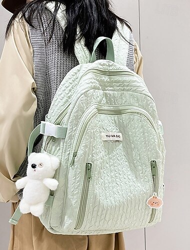  Zaino scolastico da donna in tessuto verde chiaro con portachiavi a forma di simpatico orsetto, zaino leggero e di grande capacità per ragazze adolescenti, università e uso quotidiano casual