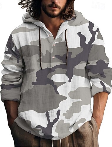  Per uomo Camicia Camicia popover Camicia Estiva Camicia casual Camicia da Spiaggia Rosa Rosso Verde Grigio Manica Lunga Mimetico Con Cappuccio Vacanza Ferie Coulisse Abbigliamento Poliestere Moda