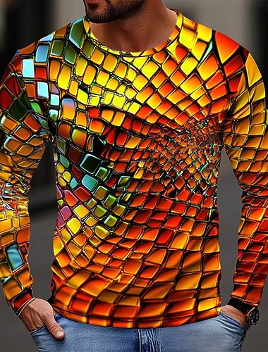  رجالي هندسي مجرد 3D تي شيرت كم طويل تي شيرت طباعة ثلاثية الأبعاد رقبة عالية مدورة قميص موضة مبالغ فيه شارع فضفاض مناسب للبس اليومي غني بالألوان برتقالي الصيف الربيع الخريف ملابس S M L XL XXL XXXL
