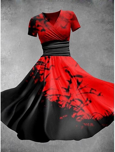  Halloween Damen Midikleid A-Linien-Kleid Sommerkleid Fit and Flare Kleid Party Casual Alltag Urlaub Regular Fit Grafik Abstrakt Kurzarm V-Ausschnitt Schwarz Weiß Rot Sommer Frühling Herbst