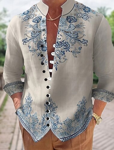  Herren Blumendruck Ethnisch Blumen Hemd Stehkragenhemd Langarm Vintage-Retro Urlaub Alltagskleidung Ausgehen Frühling Herbst Mandarinkragen Stehkragen Button-Down Leinenähnliches Hemd Grau