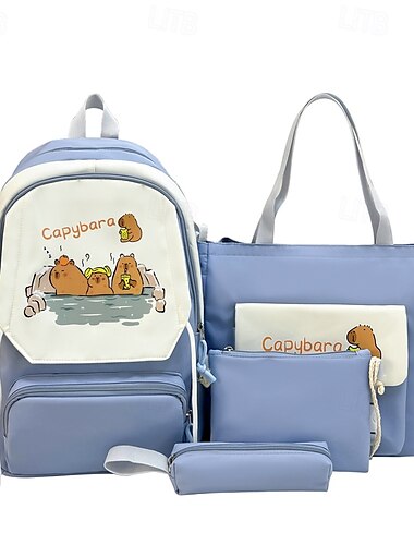  4-teiliges schwarzes Rucksack-Set für Mädchen zum Schulanfang – Capybara-Cartoon-Schultasche mit Tragetasche, Federmäppchen und Beuteln – süßes und strapazierfähiges Schüler-Büchertaschen-Set