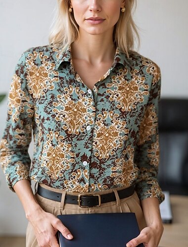  Femmes Chemisier Hauts Élégants Hauts en mousseline de soie Graphique Bloc de Couleur Élégant Quotidien Travail manche longue Col de chemise Hauts Réguliers Travail Quotidien Boutons Imprimé Bleu