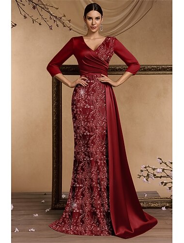  Abito da Sera Mermaid  Trumpet Pizzo Ricamato con Paillettes Elegante Abito Formale Matrimonio Scia  Scia a Pennello Manica 3/4 V Neck Satin con Pieghe