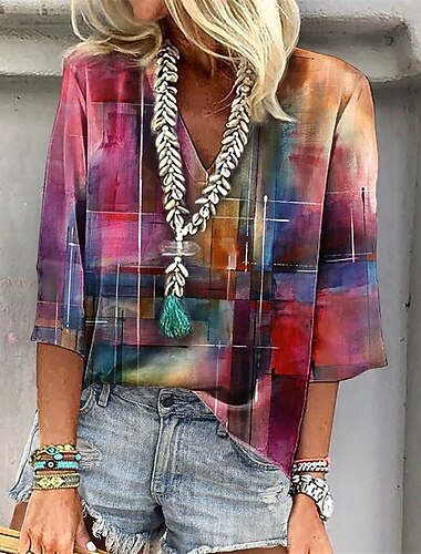  Mujer Camiseta Tops de verano Gradiente de Color Moda Moderno Manga 3/4 Escote en Pico Tops regulares Diario Estampado Amarillo Rosa Azul Piscina Verano