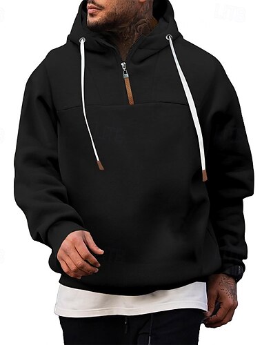  Men's Hoodie Quarter Zip Hoodie Fleece Hoodie Black White Wine Navy Blue Khaki Hooded Plain Drawstring Quarter Zip Sports & Outdoor Daily Holiday Polyester Streetwear Basic Casual Fall Winter