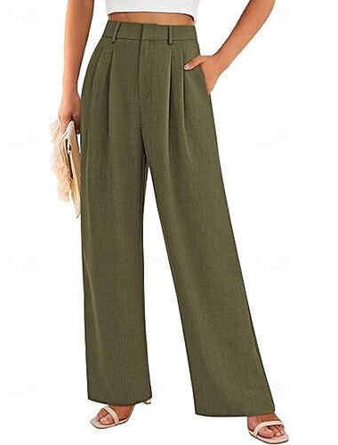  Women's Wide Leg Slacks Streetwear Casual Full Length Natural Plain Pocket Elastic Waist Comfortable Holiday Daily Wear Weekend Grey Black Army Green Khaki Fall Regular Fit