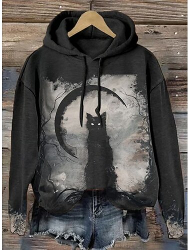  Φούτερ Κουκούλα για Γυναίκες Halloween Χαλαρό Oversized Μακρύ Μανίκι Καθημερινό Γραφικό Γάτα Μόδα Εκτύπωση Φούτερ Τακτοποιημένα Καθημερινά Φουρκέτα Εκτύπωση Μαύρο Πορτοκαλί Σκούρο Μπλε Γκρι Φθινόπωρο