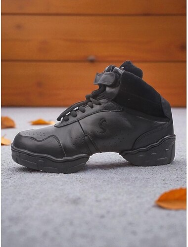  Svarta höga lädersneakers för dam – professionella jazz hiphop-dansskor med fotledsstöd och halkfri sula för scenframträdanden och träning