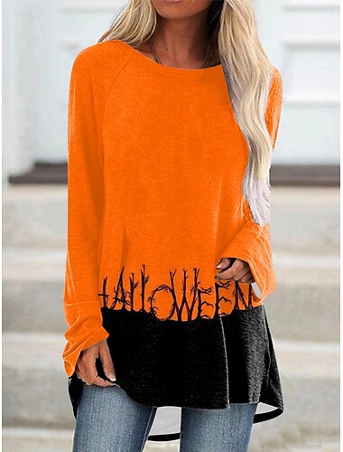  Halloween Naisten Pusero Kuvitettu Vintage Vapaa-aika Hauska Pitkähihainen Tiukka pyöreä kaula-aukko Pitkät topit Päivittäin Painettu Musta Valkoinen Keltainen Oranssi Kesä Kevät Syksy