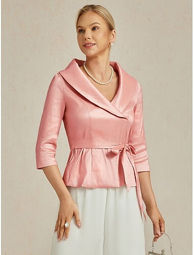  Per donna Blusa Top da sera Elegante Metallico Moderno Manica 3/4 Scollo a V Top Regolari Ospite di nozze Festa serale Semi-Formale Nodo frontale Rosa illuminata dal sole Primavera, Autunno, Inverno