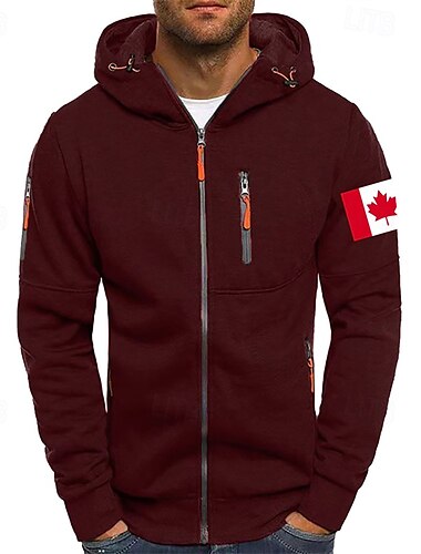  Men's Hoodie Full Zip Hoodie Black White Wine Army Green Navy Blue Hooded National Flag Zipper Pocket Sports & Outdoor Daily Holiday Polyester Streetwear Basic Casual Spring Autumn / Fall Clothing