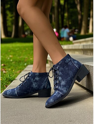  Botines con cordones de mezclilla azul para mujer: botines casuales con tacón grueso para paseos por el parque, salidas de fin de semana y uso diario.
