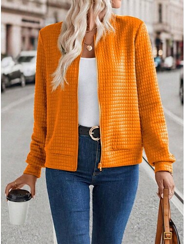  Women's Bomber Jacket Casual Jacket Comfortable Breathable Zipper Casual Plain Vacation Street Casual Daily Wear Zipper Short Stand Collar Regular Fit Long Sleeve Outerwear Black Orange Army Green
