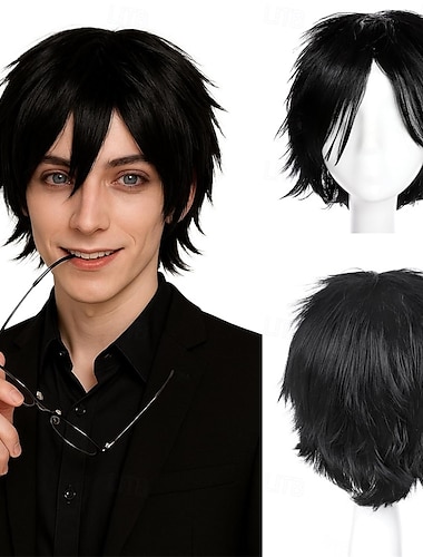  アニメショートコスプレウィッグ ハロウィンパーティー スパイキーレイヤードコスプレウィッグ 男性用合成ショートヘア &女性用ブラックスタイル