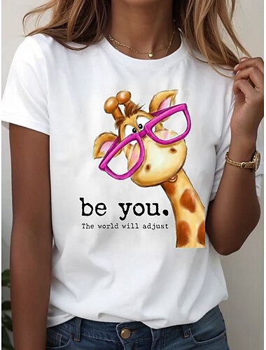  Dames T-shirt Grafisch Giraffe Brief Vintage Stijlvol Casual Korte mouw Strakke ronde hals Normale tops Dagelijks Weekend Afdrukken Wit Blozend Roze blauw Groen Zomer Lente