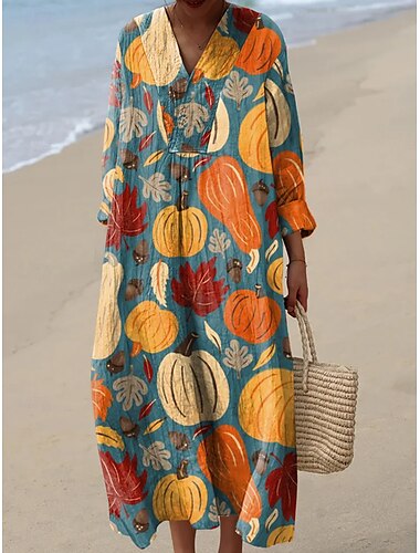  Halloween Damen Maxikleid Sommerkleid A-Linien-Kleid Urlaub lässig Boho Ausgehen Strand Blumen Grafik Langarm V-Ausschnitt rosa blau cremefarben Sommer Frühling Herbst