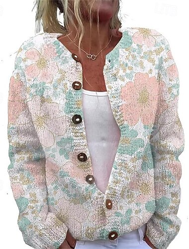  Dam Tröja Kofta Mode Streetwear Dagligen Blommig Ribbad Öppen front Stickat Mönster Långärmad Långa toppar Sticka Helgdag Utekväll Helgen Rodnande Rosa Rubinrött Höst Vinter