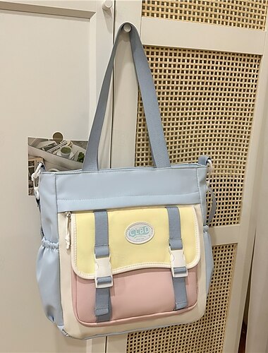  Zwarte en witte canvas tas voor dames - casual schooltas met voorvak met gesp voor tienermeisjes en studenten