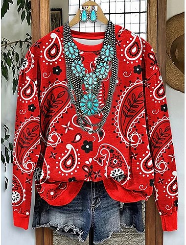  Per donna Felpe Grafico Paisley Casual Manica Lunga Girocollo Top Regolari Streetwear Abbigliamento Quotidiano Stampato Rosso Blu Arancione Marrone Autunno Inverno