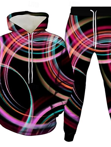 Herre 3D Geometrisk 2stk 3D sweatshirt sæt Træningsdragt Hættetrøje Langærmet Lange bukser Hætte Afslappet Hverdag atletiktøj 3D-udskrivning Forår Efterår Vinter Rødkælkeæg Blå Lyserød Regnbue