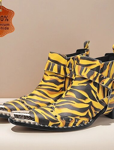  Botas masculinas com estampa de tigre amarelo - botas de couro de vaca chamativas com padrão marcante para um estilo ousado - perfeitas para usar com estilo e festas