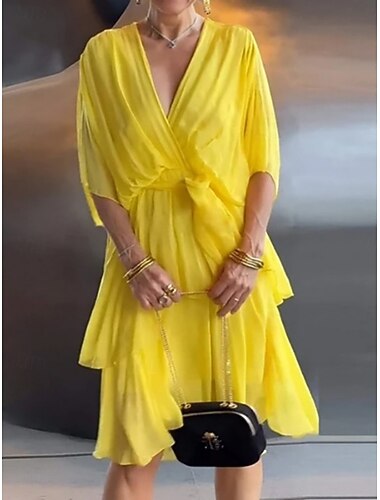 نسائي فستان قصير فستان كوكتيل فستان زفاف ضيف Chiffon موضة الحديث الأماكن المفتوحة عطلة عادي سهل 3/4 الكم V رقبة أصفر الصيف الربيع الخريف فصل الخريف   نسائي فستان قصير فستان كوكتيل فستان زفاف ضيف Chiffon موضة الحديث الأماكن المفتوحة عطلة عادي سهل 3/4 الكم V رقبة أصفر الصيف الربيع الخريف فصل الخريف